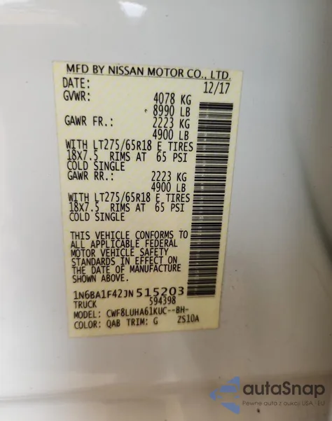 2018 Nissan Titan Xd Sl из США, поврежденный, VIN 1N6BA1F42JN515203